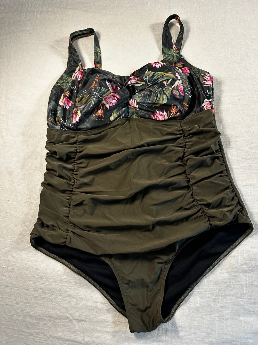 Olive Green One-Piece Swimsuit with Floral Bust